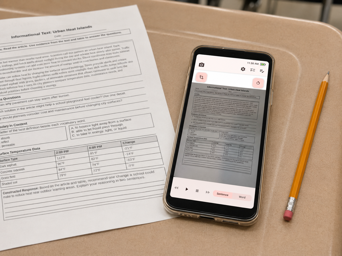 Luma R1 beside a printed classroom worksheet and pencil, with the worksheet open in LumaRead2